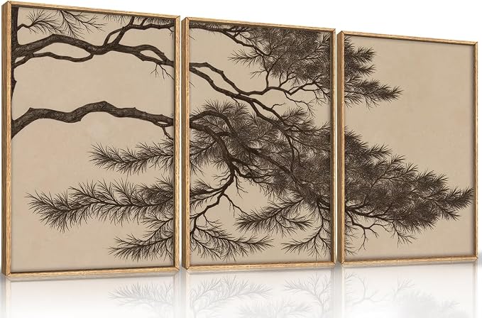 LHIUEM Large Vintage Pine Tree Branch Framed Canvas Wall Art,Sketch Botanical Wall Decor,Nature Plant Artwork,Brown Antique Etching Art Prints for Living Room,Bedroom,Office- 16"x24"x3