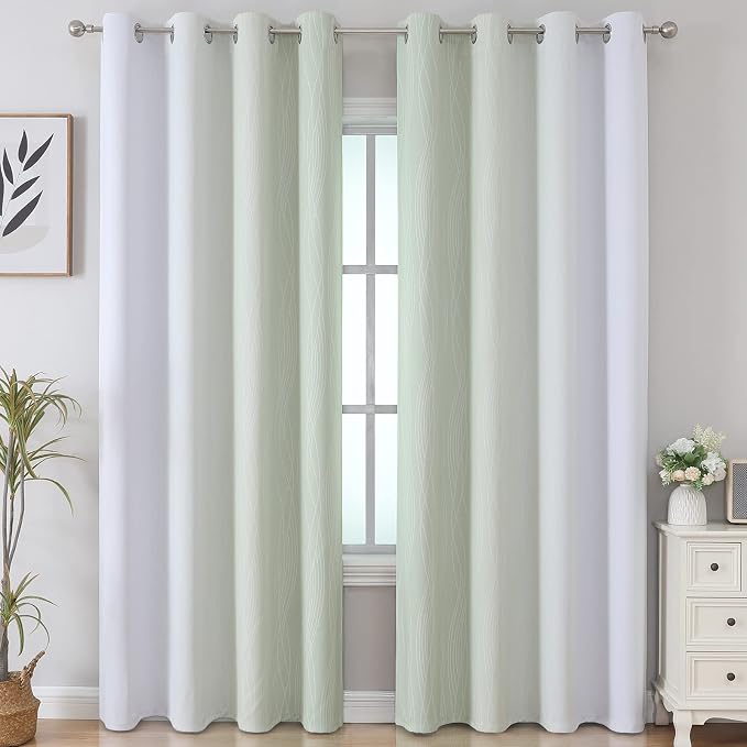 Estelar Textiler Sage Green and Greyish White Gradient Blackout Curtains for Bedroom, Thermal Insulated Ombre Blackout Drapes, Light Blocking Energy Saving Curtains for Living Room,52Wx96L,2 Panels