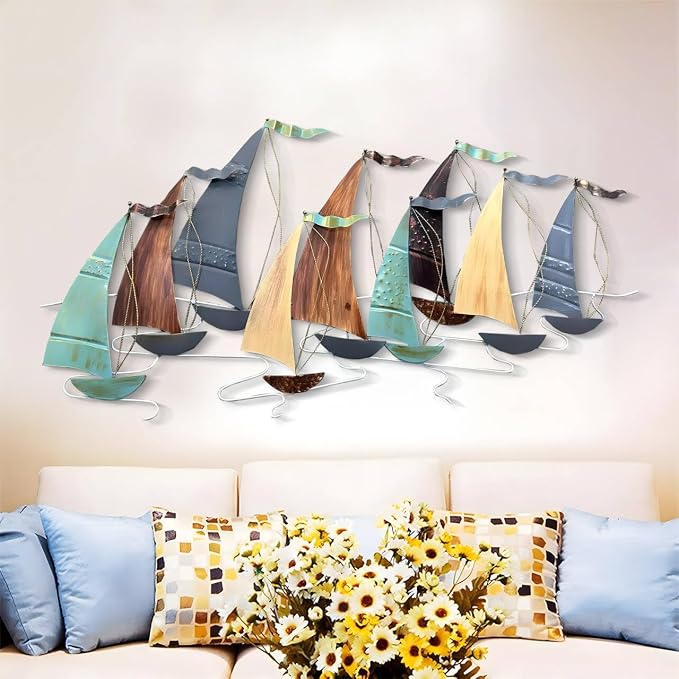 edaknez Large Metal Sailboat Wall Decor, 51" x 26" Ship Metal Wall Art | Coastal Nautical Boat Wall Hanging, Large Ship Wall Sculptures, for Living Room Bedroom Indoor Ourdoor Ocean Beach