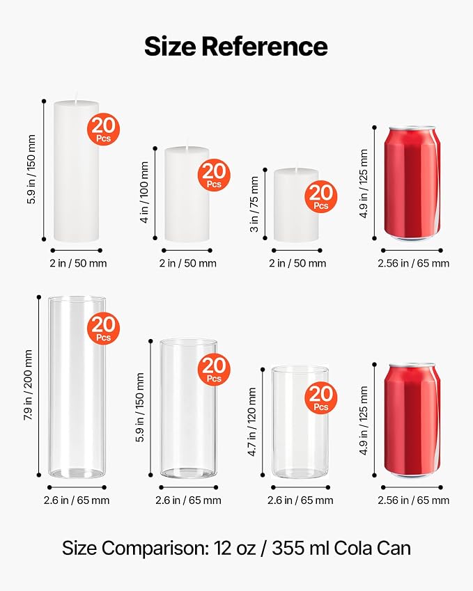 VEVOR Pillar Candles and Glass Vases Set 120 Pcs, Clear Cylinder Hurricane Candle Holders for Wedding Centerpieces, Tall Vase for Table Decor, Wedding Party,Thanksgiving,White (2.56" x 4.7",5.9",7.9")