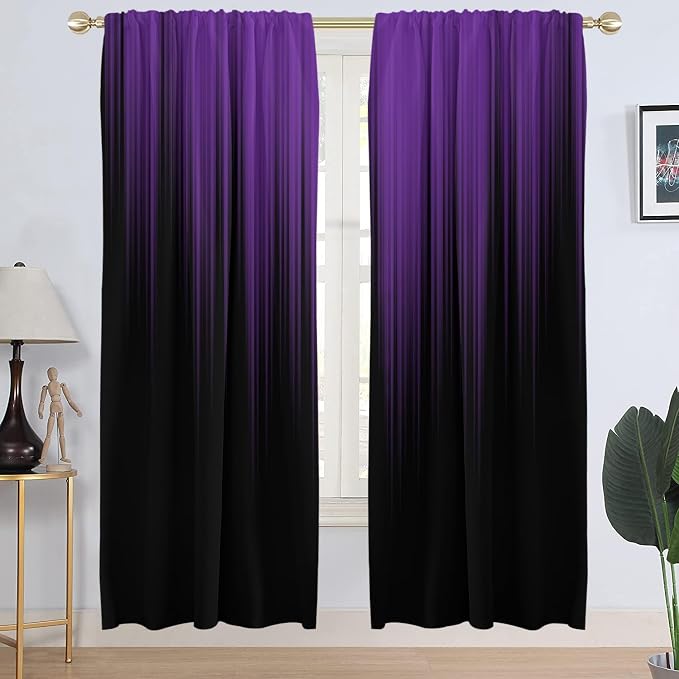 AAtter Purple and Black Window Curtains, 2 Panels, Wide Long 52" W x 84" L | Gothic Ombre Rod Pocket Drapes, Plum Abstract Moody Style, Witchy Modern Design, Large Living Dining Room Decor for Women