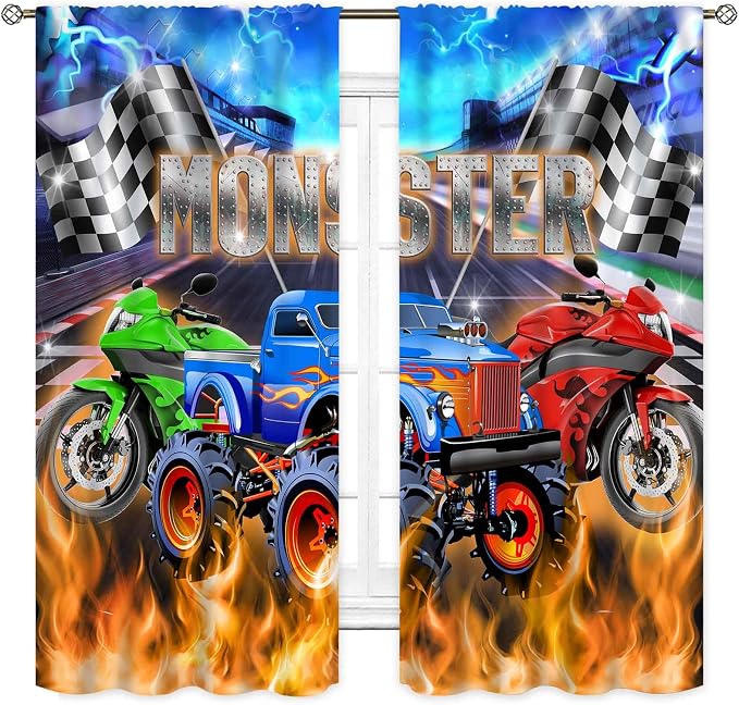 Racing Car Curtains, Cool Monster Cartoon Truck Buring Flame Colorful Race Stadium Blackout Window Drapery Treatments for Boys Kids Baby Bedroom Living Room Playroom Nursery 2 Panel Set, 84"x63" Inch
