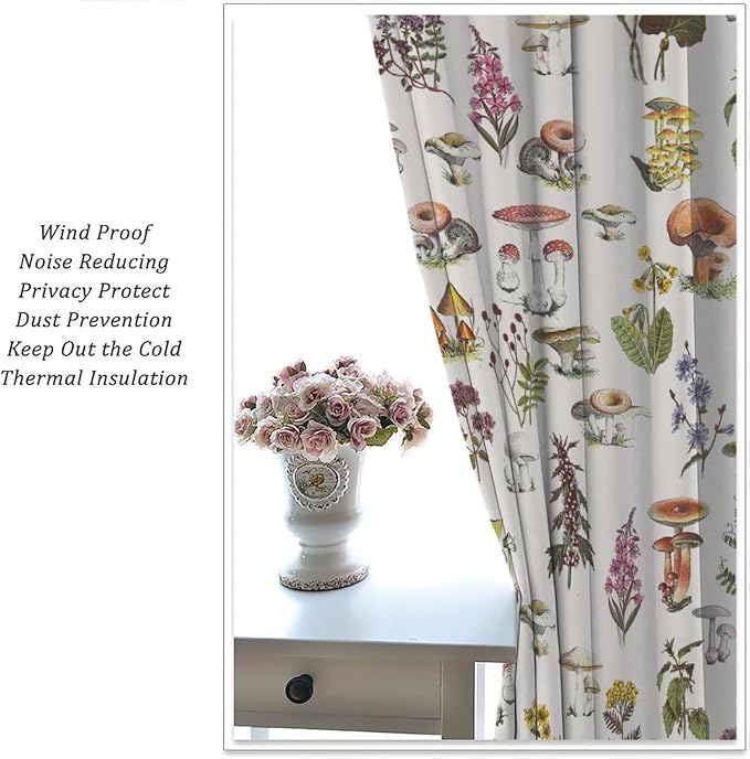 Vintage Botanical Curtains, Rustic Plants Herbs Mushroom Nature Wildflower Print Blackout Window Treatments for Living Room Bedroom Kitchen 63x63in