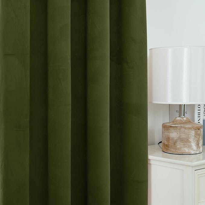 YoungsTex 96 Inches Long Olive Green Velvet Curtains 2 Panels, Grommet Blackout Drapes Room Darkening for Bedroom Living Room Privacy Protection, 52 X 96 Inch