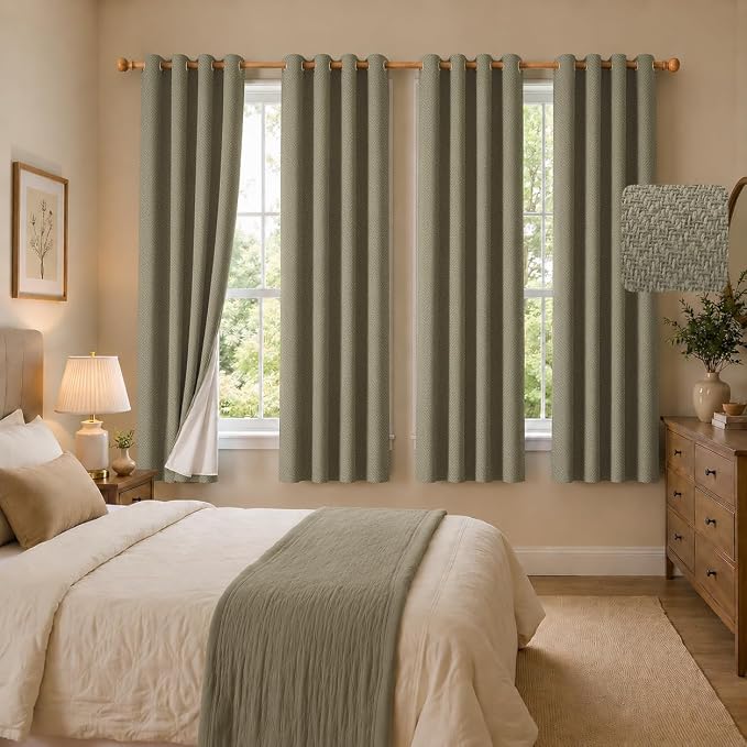 4 Panels 100% Blackout Linen-Textured Curtains, Thick Thermal Insulated Grommet Drapes with Subtle Herringbone Weave, Luxury Decor for Bedroom/Living Room, 54 x 63 Inches, Taupe
