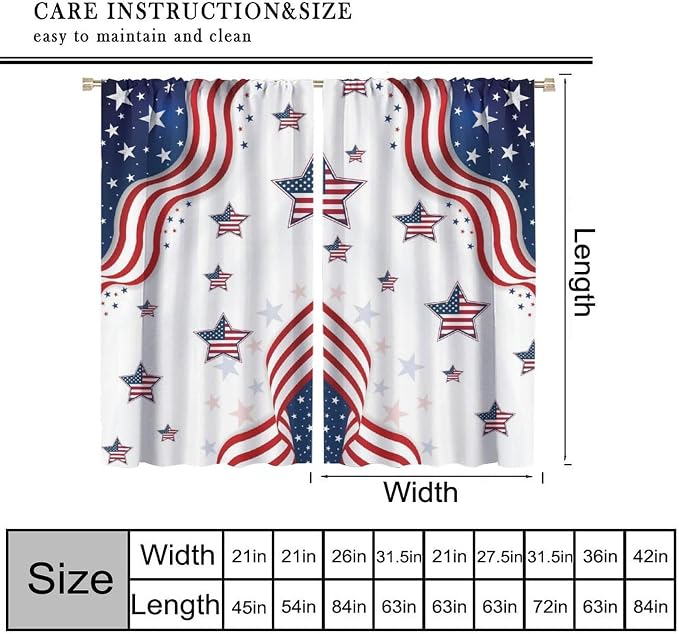 American Flag Curtains,4th of July Independence Day Stars Stripes Decor Drape for Bedroom Living Room Window Treatment 2 Panels Set Total Size 42" W X 45" L Inch