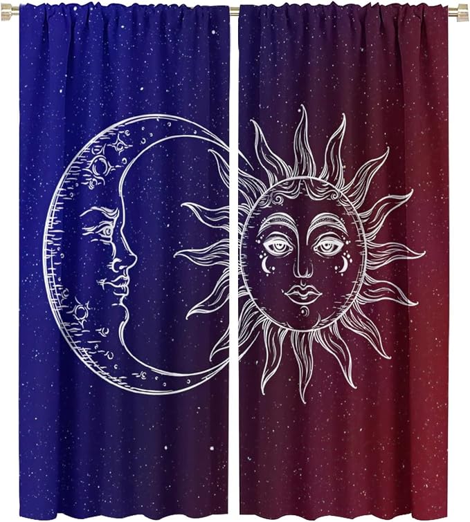 Sun Moon Blackout Windows Curtains, Burning Sun Moon Red Blue Cosmic Galaxy Bohemian Curtains, for Living Room Bedroom 42x54in 2 Panels