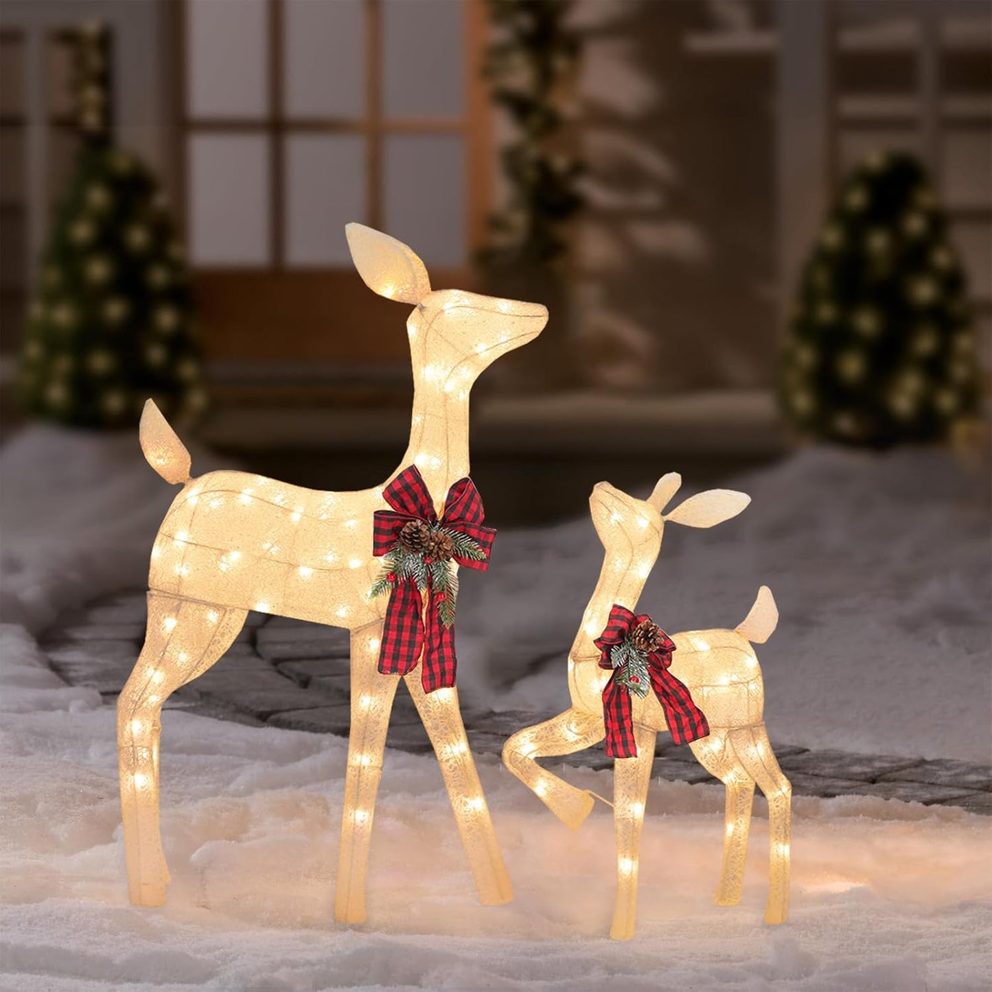 2 Pcs Reindeer Christmas Decoration, Xmas Lighted White Shimmering Doe and Fawn Display Set with 105 Warm White Lights for Yard Lawn Indoor Outdoor