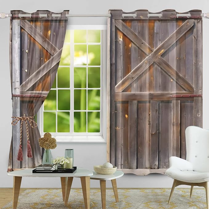 Rustic Wooden Curtains Vintage Wood Barn Door Window Curtains Old Garage Door American Native Country Farmhouse Rural Farm Style Living Room Window Drapes Treatment,53x63 inch,2 Panels