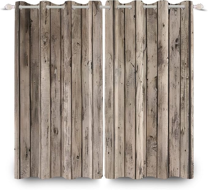 Rustic Curtains Vintage Grey Wood Barn Door Window Curtains Wood Planks American Rural Garage Door Drapes Earth Tone Wooden Door Window Treatments Native Farmhouse Decor,42x84 inch,2 Panels