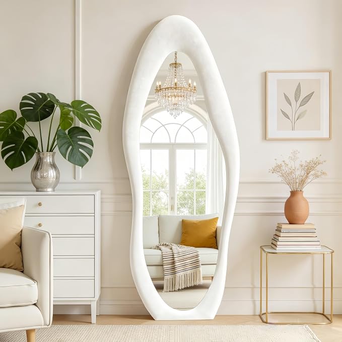 Dewfig Full Length Mirror, 63" x 24"Irregular Mirror, Large Floor Length Mirrors Wall Mounted, Standing Mirrors with Flannel Wrapped Wooden Frame for Bedroom/Living Room, White