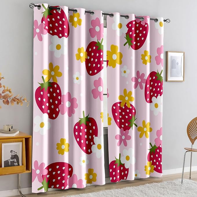 LUVIVIHOME Cute Strawberry Curtains, Yellow White Pink Floral Blackout Curtains, Girls Bedroom Decor, Girly Curtains, 2 Panel Sets, 52x63 Inch