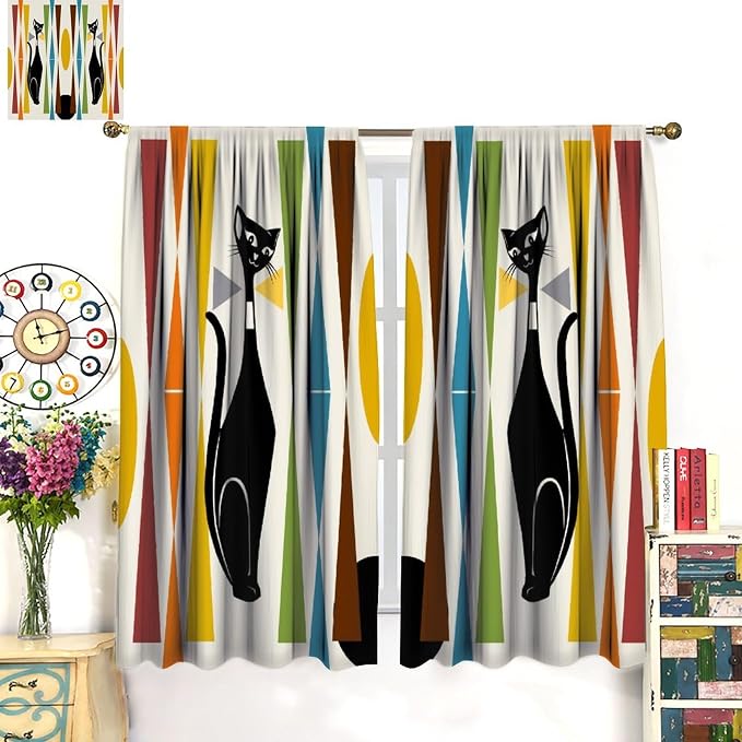JESTRONRY Mid Century Style Curtains,Black Cat Modern Abstract Geometric Vintage Colorful Shape Pattern Theme Home Fabric Living Room Bedroom Kitchen Bathroom Decor 55x63in