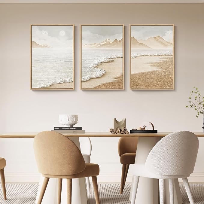 Framed Boho Beach Coastal Wall Art for Living Room, Large Neutral Abstract Coastal Canvas Artwork for Walls, 3 Piece Minimalist Ocean Picture Print for Living Room Bedroom Kitchen Wall Decor, 16x24 In