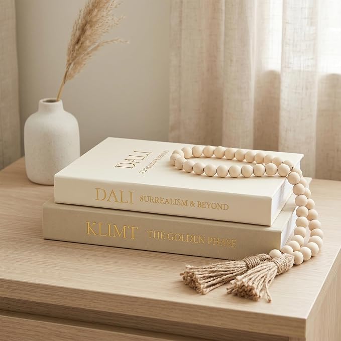 3-Piece Decorative Books for Home Decor with Wood Bead Garland - Stackable Linen Faux Book Box for Coffee Table Styling, Real Fabric Cover Fake Books with Tassel as Display Riser for Shelf