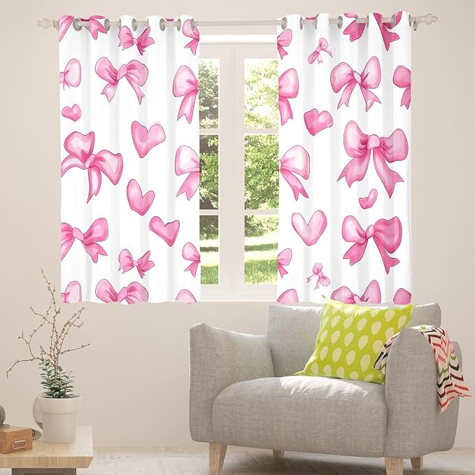Erosebridal Pink Bow 42" Wx90 L Window Curtain for Girls,Kawaii Love Bowknot Kids Window Treatments Cute Girly Bow Curtain Romantic Heart Bowknot Curtains & Drapes Bedroom Decor