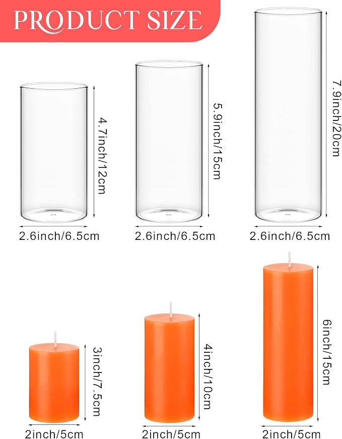 Shihanee Set of 3 Pillar Candles and 3 Glass Cylinder Candle Vases Holders Clear Pillar Jars for Wedding Centerpieces(2.6'' X 4.7'', 5.9'', 7.9'',Orange)