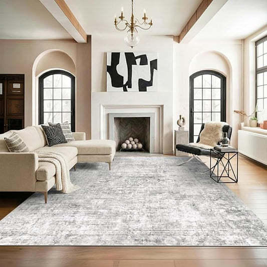 Homemate Washable Rug 8x10 Area Rugs - Vintage Faux Wool Rugs for Living Room Bedroom Dining Room - Non Slip Foldable Carpet Indoor Area Rug for Home Decor（8'x10', Grey