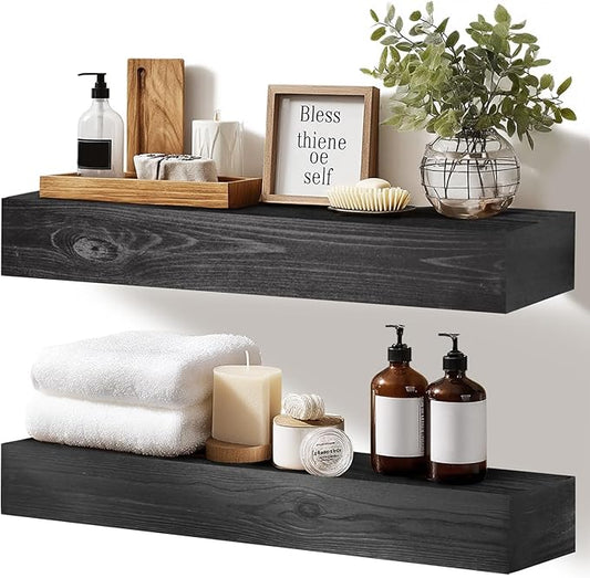 17x3x7 inch Floating Shelves Wall Mounted - Set of 2 Black Rustic Solid Wood Wall Shelf - Heavy Duty Decorative Fireplace Mantel for Living Room, Bedroom, Bathroom, Kitchen