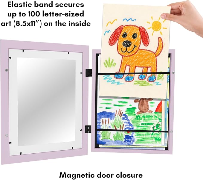 Americanflat Kids Artwork Frame Changeable (Lilac) - Magnetic Door Holds 100 Art Pieces - 8.5x11 Letter Size Display with Mat or 10x12.5 Without Mat - My Mini Masterpiece