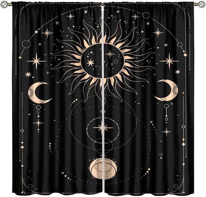 Golden Sun Moon Blackout Curtains, Abstract Modern Boho Sun Moon Star Window Drapes, for Bedroom Living Room 42" W X 54" L