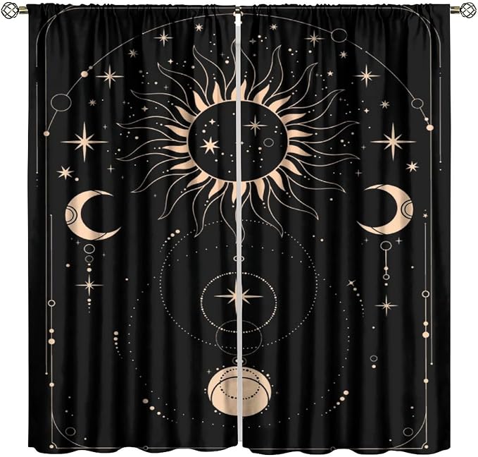 Golden Sun Moon Blackout Curtains, Abstract Modern Boho Sun Moon Star Window Drapes, for Bedroom Living Room 72" W X 63" L