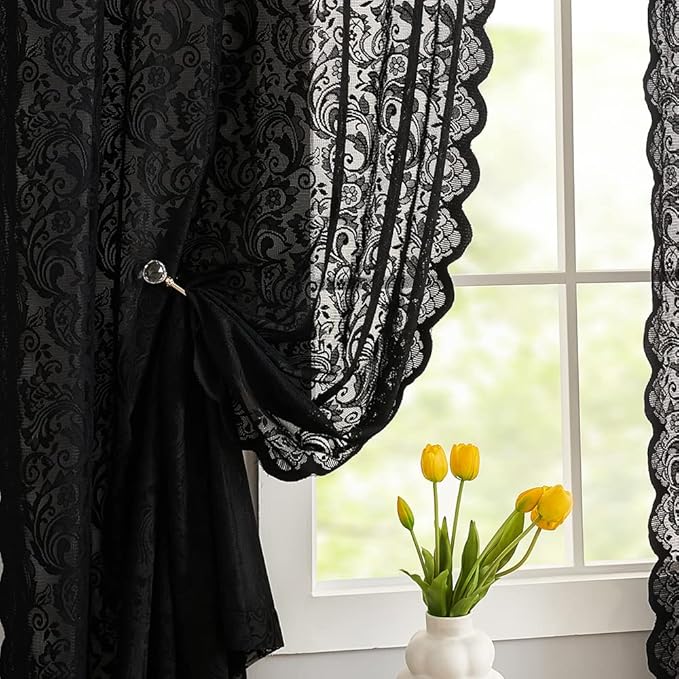 ALIGOGO Black Sheer Lace Curtains 96 inches Long Victorian Gothic Curtain Panels with Paisley Floral Patterns Retro Curtains for Living Room Halloween Decor Set of 2 52 x 96 Inch Black