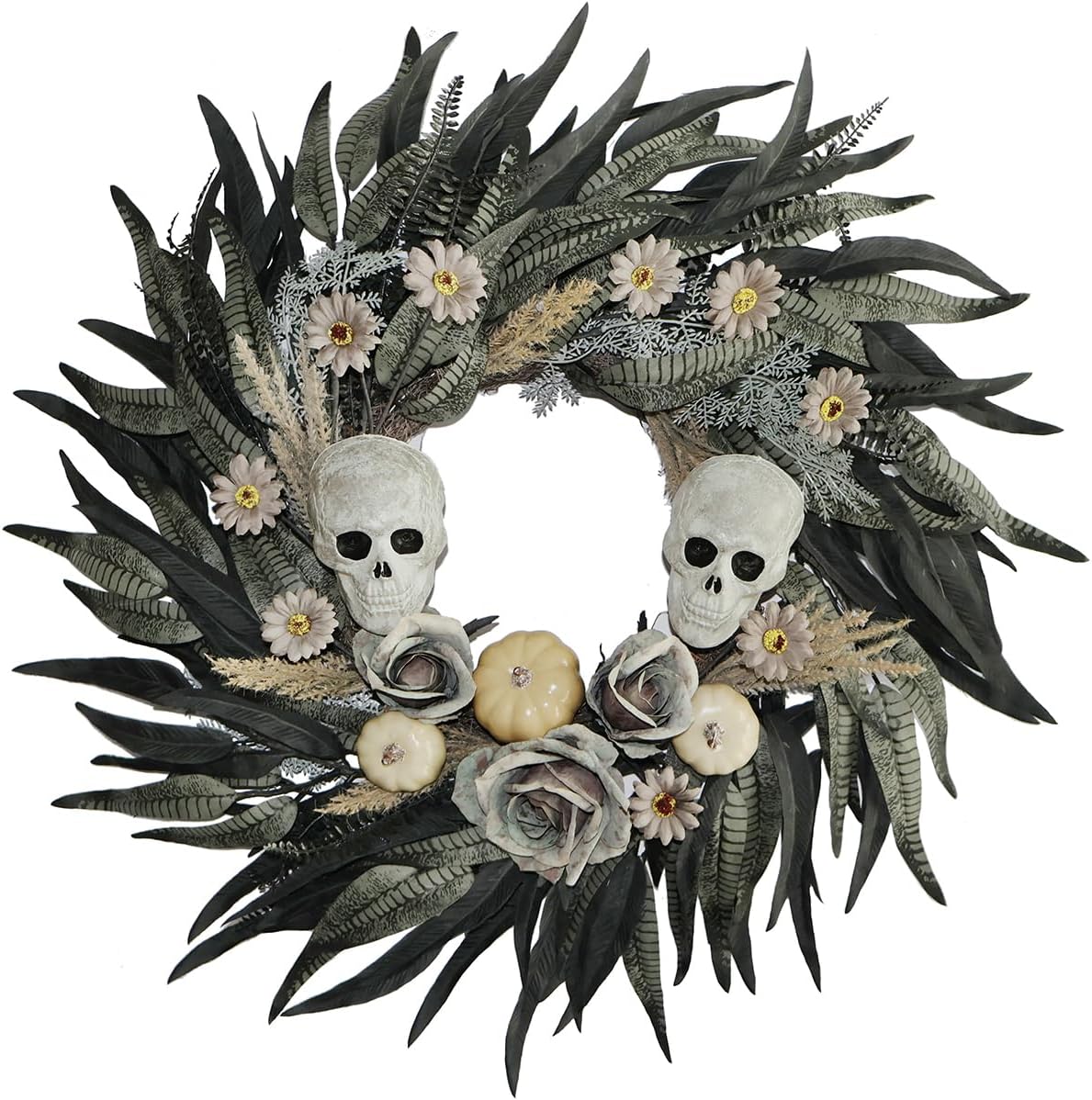 24" Snakeskin Leaves Halloween Wreaths for Front Door with Skulls Flowers and Pumpkins - Gothic Party Black Halloween Porch Wall Door Decor