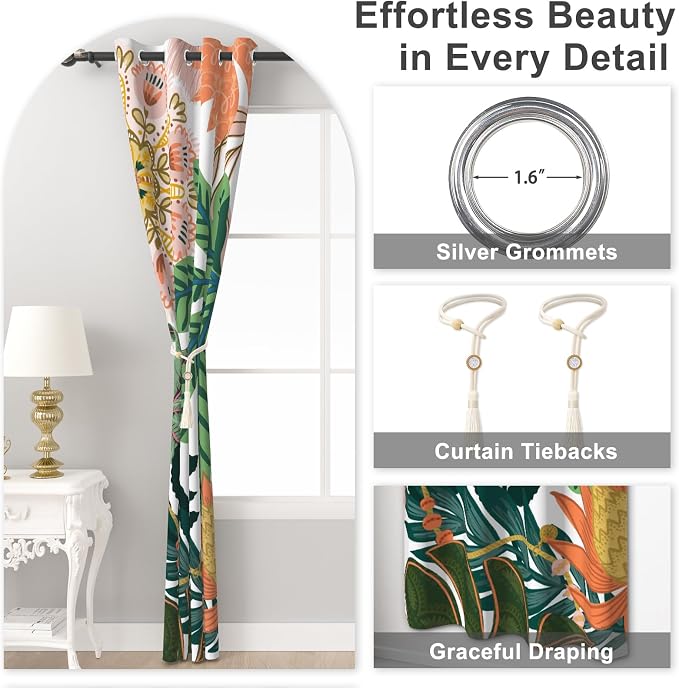 Boho Floral Blackout Curtains 84 Inch Long 2 Panels Set, Grommet Thermal Insulated Window Black Out Curtains for Bedroom Living Room, Soundproof Privacy Light Filtering Drapes with Curtain Tiebacks