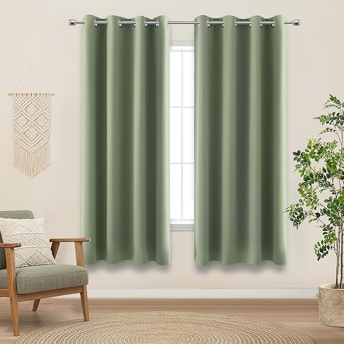 KOUFALL Blackout Curtains 63 Inch Long for Bedroom,Cute Boho Light Green Sage Black Out Room Darkening Thermal Curtain Drapes for Living Room 2 Panels Set Winter Insulated