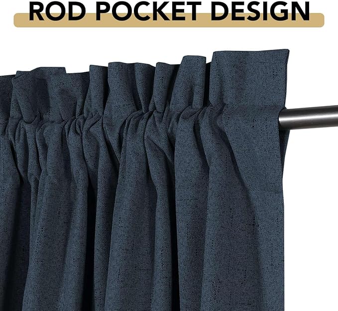 H.VERSAILTEX Linen Look 100% Blackout Curtains 45 Inches Long for Bedroom Full Light Blocking Rod Pocket Linen Textured Thick Window Curtain Drapes with White Backing, Navy, 2 Panels