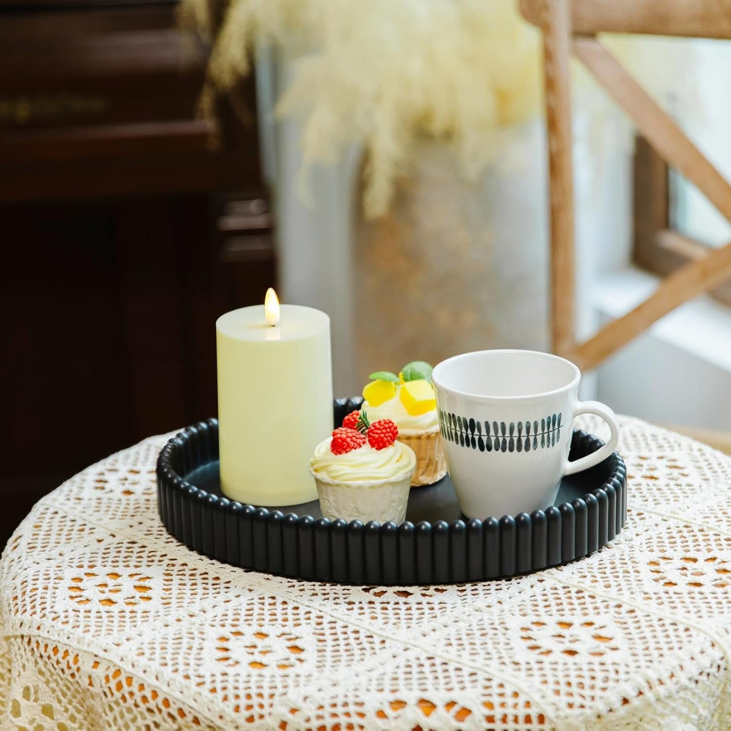 11.8in Decorative Tray for Coffee Table Decor- Modern Oval Concrete Tray for Home Decor- Minimalist Handcrafted Centerpieces Tray for Living Room, Kitchen Dining Table, Entryway (Black)