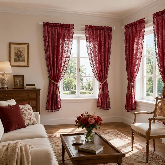 WAZZIO Boho Lace Curtains 2 Panels 84 Inch -Victorian Sheer Panel Drape French Country Floral Pattern & Tassel Light Filtering Privacy for Bedroom Dining Living Room,Burgundy Red,W52x L84