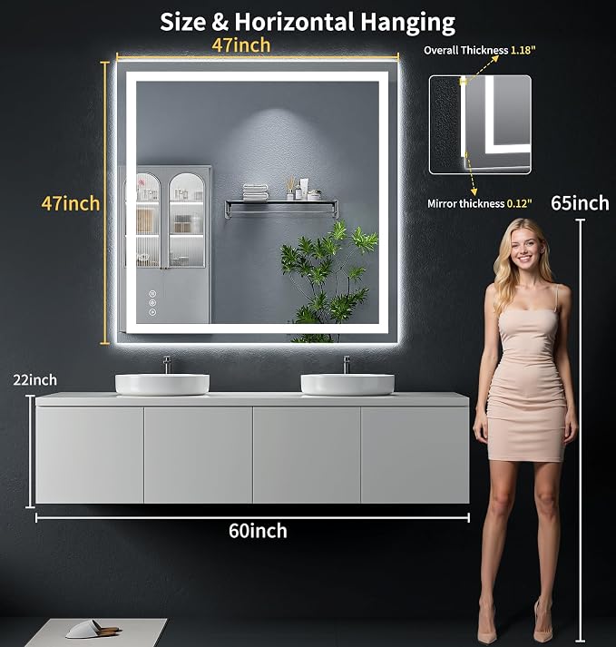 47"x47" LED Bathroom Mirror with Lights, Backlit + Front Lit with CRI>90, Lighted Mirror for Bathroom, Anti-Fog, Dimmable Brightness, 3 Colors, Memory Function, Shatterproof Tempered Glass