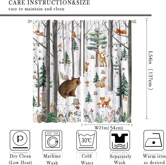 YCness Kid Forest Woodland Animal Fox Elk Bear Watercolor Print Curtains for Nursery Bedroom Living Room, Rustic Wild Animal Window Drapes 2 Panel Set, 42x54 Inch