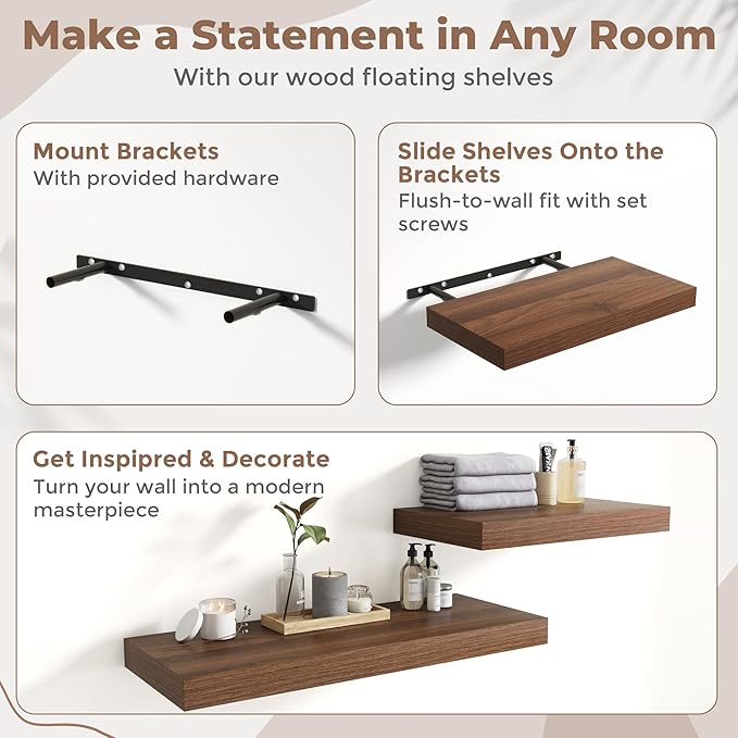 16 Inch Floating Shelves for Wall Set of 2, 12"D Wood Grain Bathroom Shelves with Invisible Brackets, Easy Install Engineered Wood Storage Shelves for Kitchen, Living Room, Bedroom, Walnut Finish