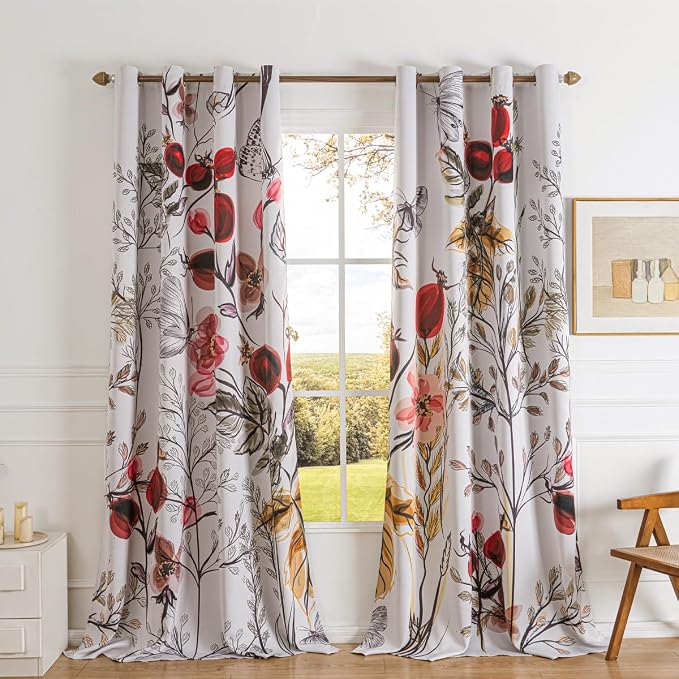 Boho Floral Blackout Curtains 84 inch long 2 Panels Set Rustic Vintage Flowers Plant Red Fruit and Butterfly Patterned Curtains Thermal Insulated Darkening Window Drapes for Bedroom Living Room 42x84