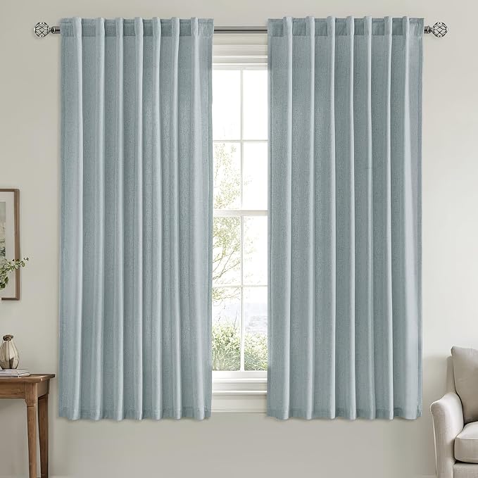 MIULEE Non-See-Through Privacy Linen Curtains 2 Panels, Light Filtering Window Curtains Farnhouse Textured Back Tab Semi Sheer Drapes for Bedroom Living Room, 52 x 63 Inches Long, Stone Blue
