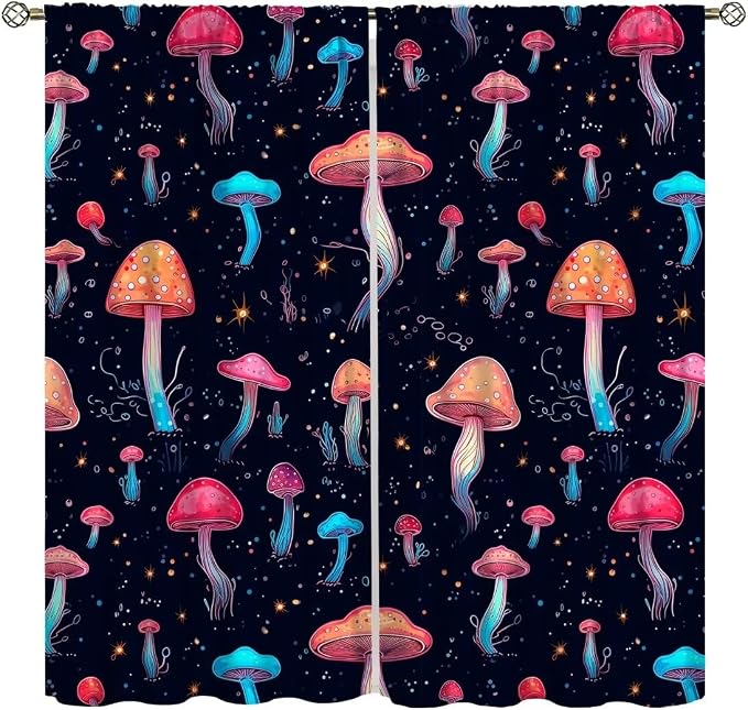 Fantasy Mushroom Curtains,Colorful Plant Print Window Treatments for Bedroom Living Room Kitchen Cartoon Herbs Floral Polyester Fabric Window Drapes 2 Panels Set,Total Size 63 x 63 Inch