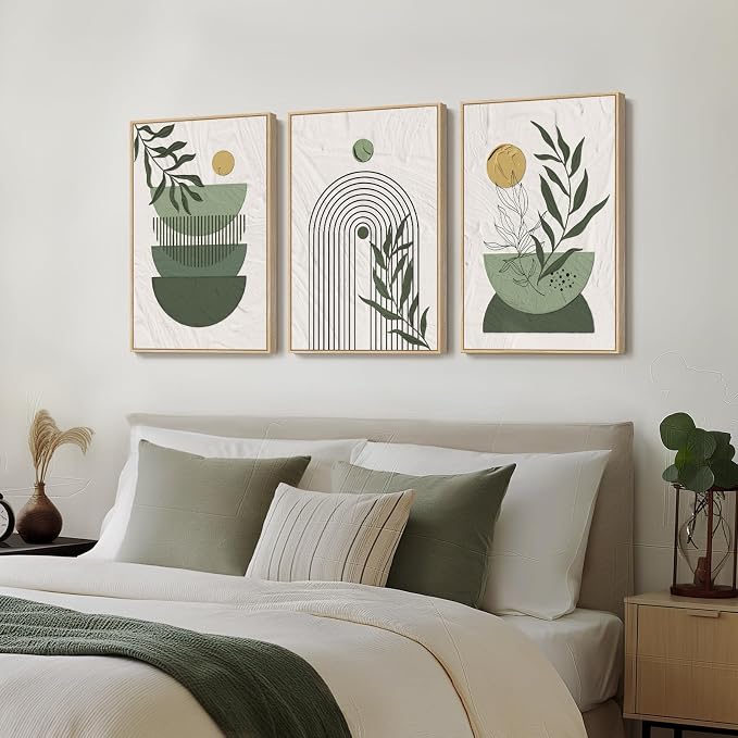 Large Framed Sage Green Boho Wall Art for Living Room, 3 Piece Mid Century Modern Bohemian Canvas Artwork for Walls, Botanical Paintings Prints Pictures Wall Decor for Bedroom Home Office, 24x36 Inch