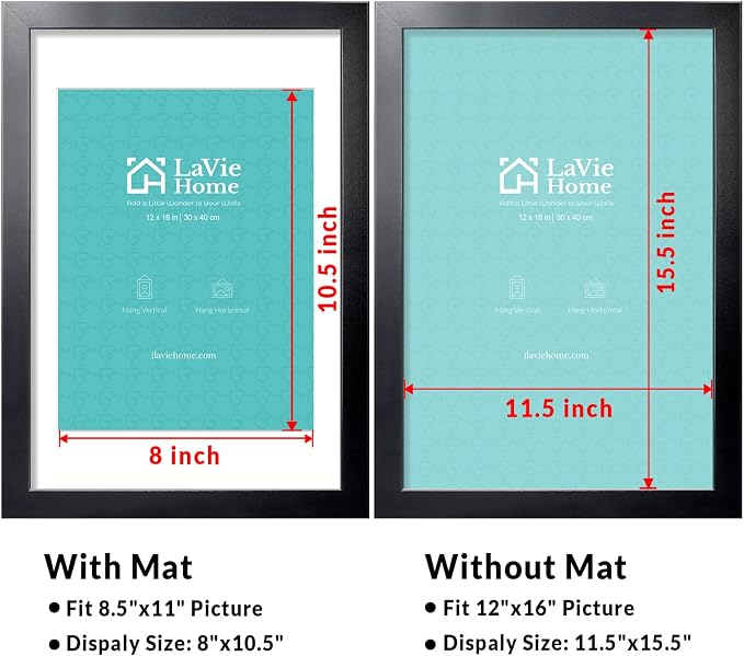LaVie Home 12x16 Picture Frame, 12 x 16 Frame Display Pictures 8.5x11 with Mat or 12x16 Without Mat, Stable and Sturdy Black Frame and Polished Plexiglass, Horizontal and Vertical Format of The Walls