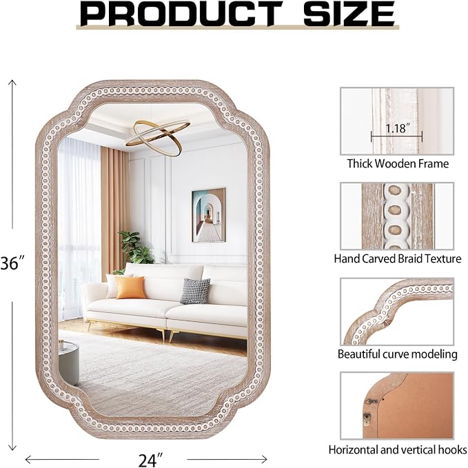 36x24 Inch Scalloped Bathroom Mirror, Wooden Rustic Farmhouse Wall Mirrors | Install Vertical or Horizontal, Subtle Grain-Look Edging Suits Rustic, Cottage, Coastal, Vintage, and Modern Interiors
