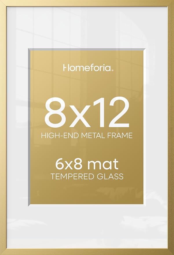 Homeforia 8x12 Picture Frame Gold, High End Metal 8 x 12 Poster Frames with Mat 6 by 8 for Photo, 12x8 Frame Matted to 6x8 inch Print, 8by12 Wall or Tabletop Frames, Tempered Glass, Wall Kit, Set of 1