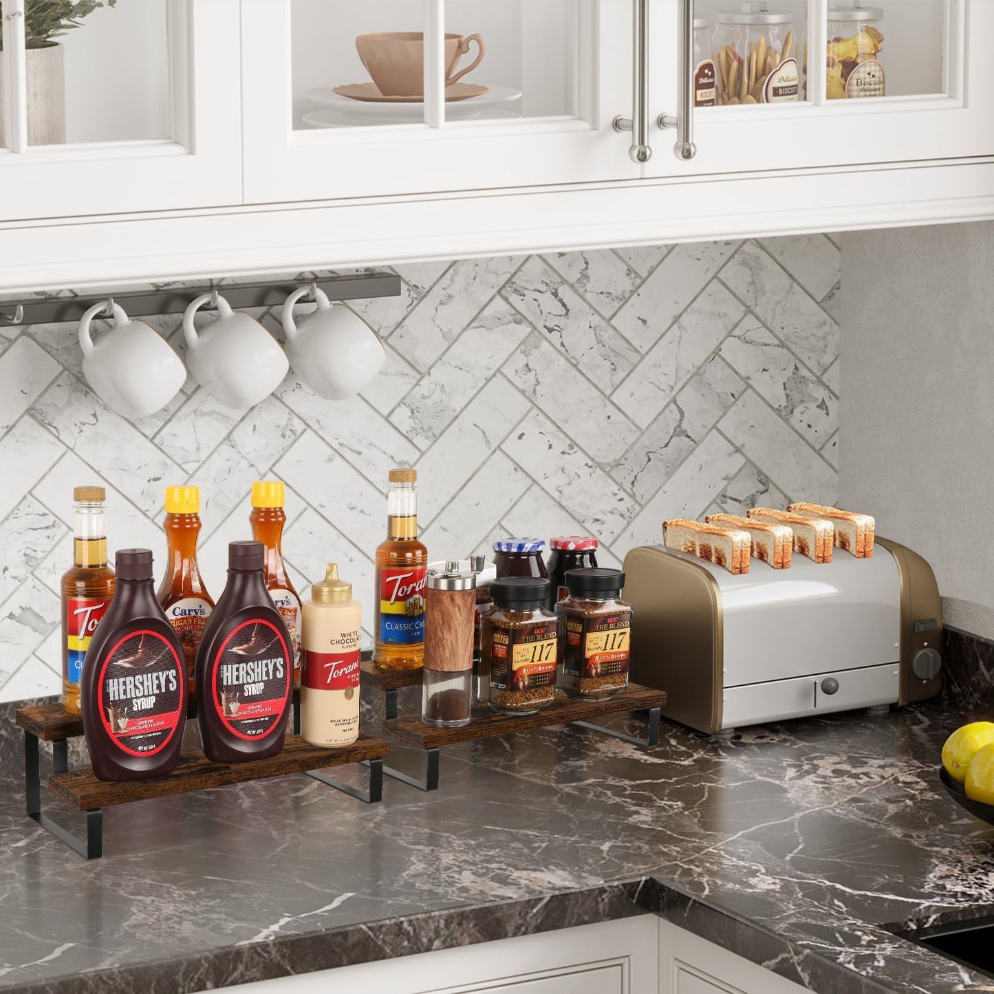 YINMIT Wooden Display Riser Stand, Tiered Perfume and Cologne Organizer Stand, 2 Tier Spice Rack Organizer, Rustic Display Shelf for Candles (2 Tier, 2 Pack)