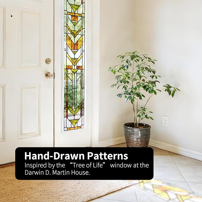 Faux Stained Glass Effect Transparent Window Film, Original Hand Drawn Static Cling for Sidelight Door Glass Decor Inspired by Frank Lloyd Wright, 11.02" x55.12" Martin House, Boho