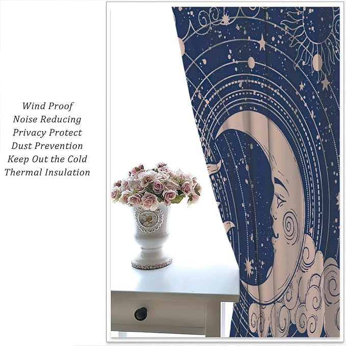 Sun Moon Blackout Windows Curtains, Boho Celestial Bodies Gold Sun Moon and Stars Pattern Window Drapes, for Living Room Bedroom 84x84in 2 Panels