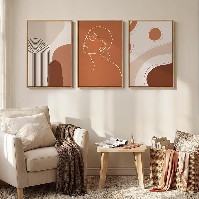 Framed Mid Century Modern Boho Wall Art for Living Room, 3 Piece Abstract Minimalist Line Canvas Artwork for Walls, Large Terracotta Tones Prints Paintings for Bedroom Hallway Wall Decor, 16x24 Inch