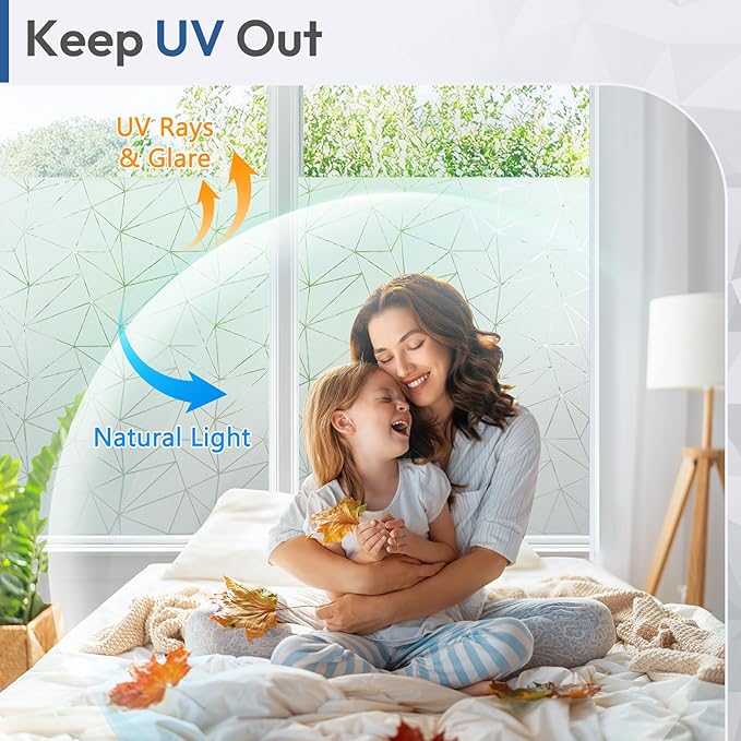 rabbitgoo Window Privacy Film with Decorative Triangle Pattern, Non-Adhesive Frosted Glass Window Film for Bathroom, UV Blocking Vinyl Sticker for Glass Door Covering, 23.6 x 78.7 Inches