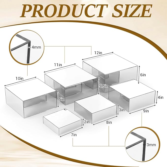 Geelin 6 Pack Acrylic Risers for Display Acrylic Cube Boxes Risers Display Stands with Hollow Bottoms Decorative Stand for Jewelry Candy Table Decor 6 Sizes(Sliver,7 to 12 Inch,Square)