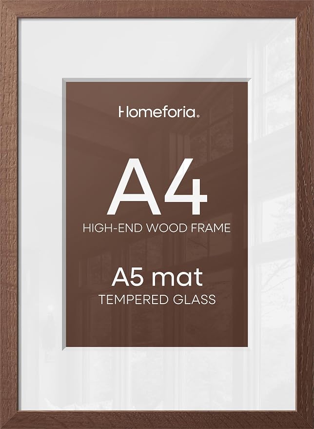 Homeforia A4 Picture Frame Brown Wood, High-End Dark Oak 8.3 x 11.7 Poster Walnut Frames Matted to 5.8 by 8.3 inch Photo, A4 Size Wooden Frame with Mat for A5 Print, Tempered Glass, Wall Kit, Set of 2